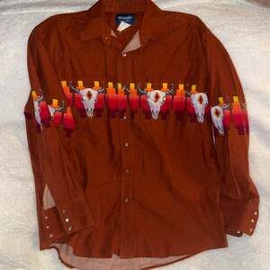 Vintage Wrangler Western R. Langford Pearl Snap Shirt Burgundy Aztec Bucking Hor